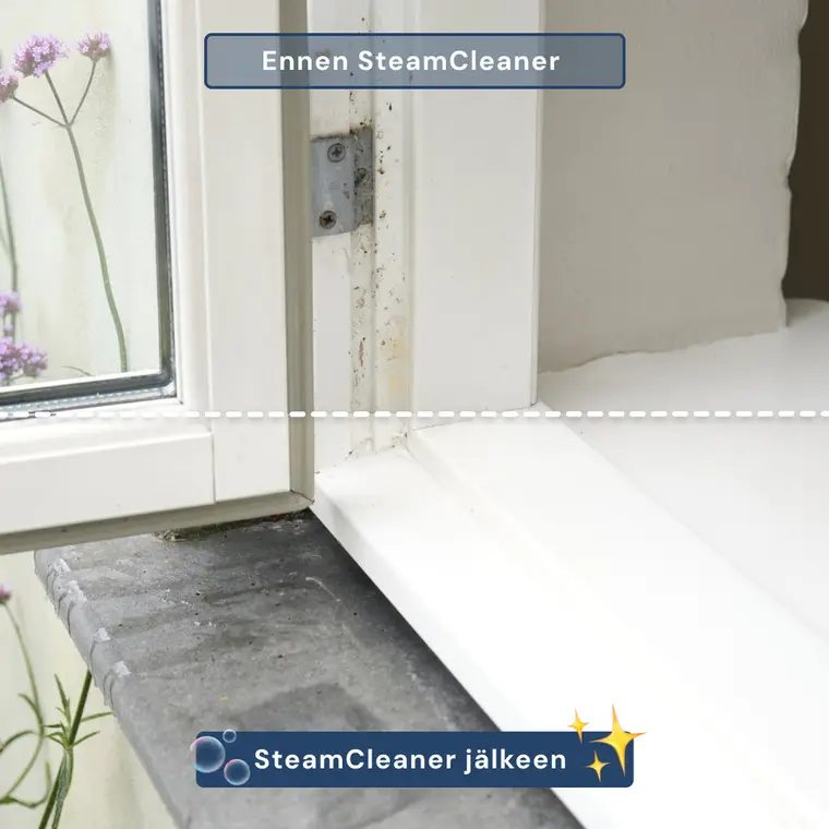 Vindueskarm før og efter brug af damprenseren